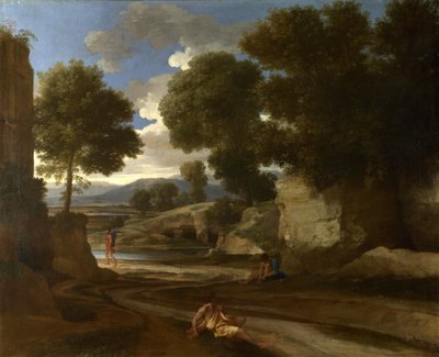 Landschap met reizigers die rusten, ca. 1638 door Nicolas Poussin